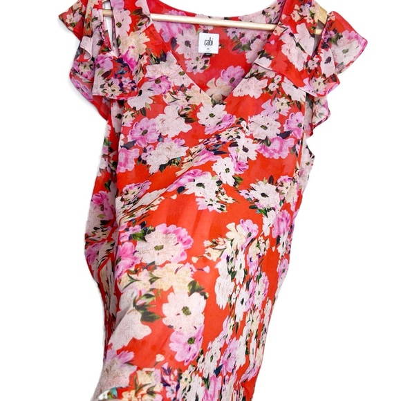 Cabi Red Floral Cold Shoulder Ruffle Sleeve V Neck Blouse Women's Size M - Picture 5 of 16